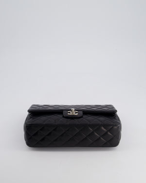 Chanel Black Medium Single Flap Bag with Camelia Crystal Charm Detail Lambskin Leather Silver Hardware