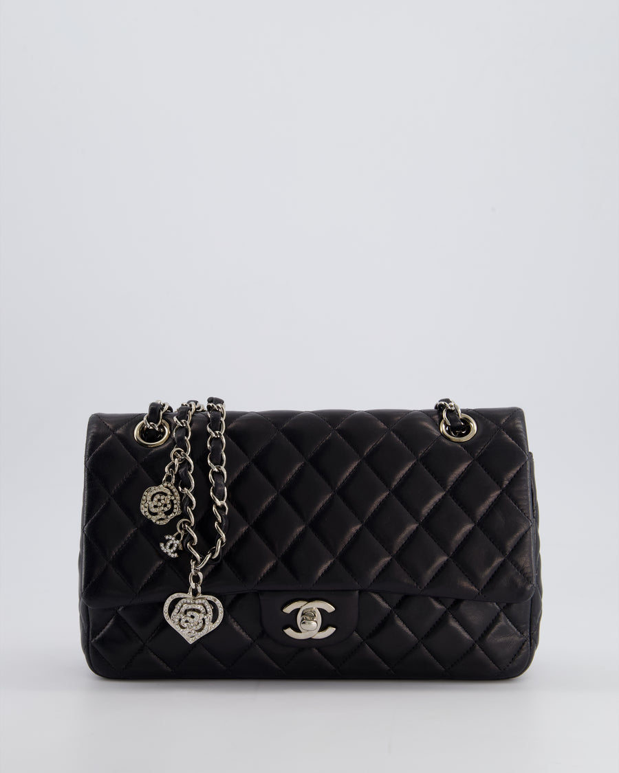 Chanel Black Medium Single Flap Bag with Camelia Crystal Charm Detail Lambskin Leather Silver Hardware