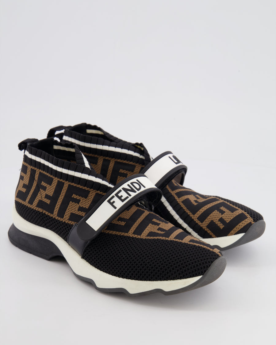 Fendi Black and Brown Knit Fabric Rockoko FF Trainers with Monogram Size EU 38