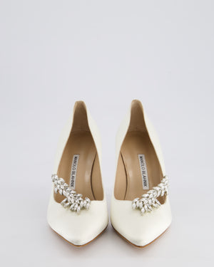 Manolo Blahnik Ivory Nadira 90 Satin Pumps with Embellished Detail Size EU 39