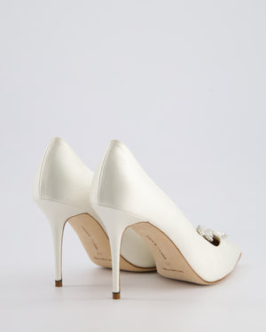 Manolo Blahnik Ivory Nadira 90 Satin Pumps with Embellished Detail Size EU 39