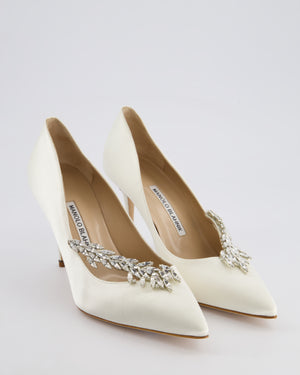 Manolo Blahnik Ivory Nadira 90 Satin Pumps with Embellished Detail Size EU 39