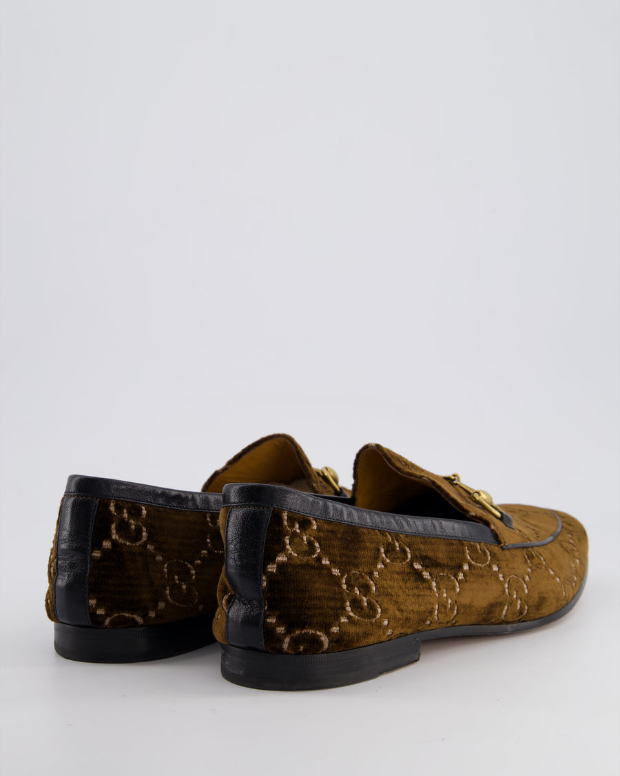 Gucci Horsebit Jordaan Loafers In Brown Velvet with GG Monogram Details Size EU 45