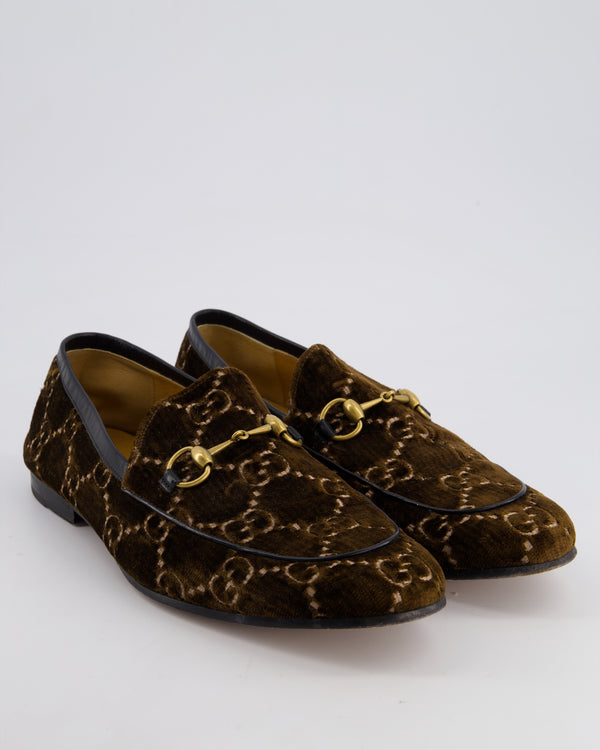 Gucci Horsebit Jordaan Loafers In Brown Velvet with GG Monogram Details Size EU 45