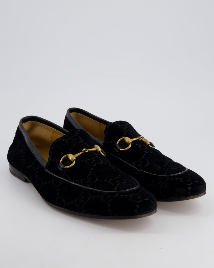 Gucci Horsebit Jordaan Loafers In Black Velvet with GG Monogram Details Size EU 45