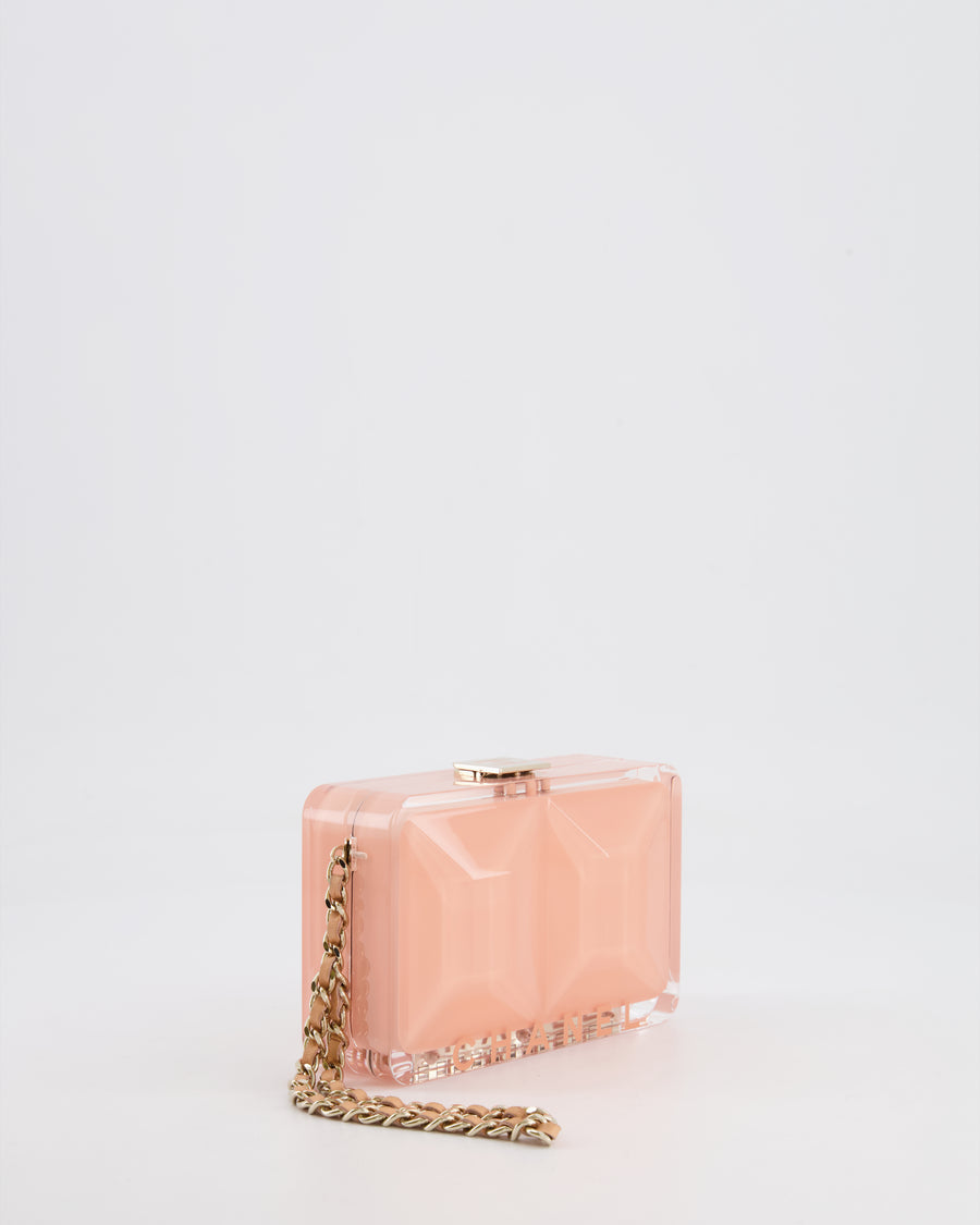 *COLLECTOR'S PIECE* Chanel Minaudière Pink Plexiglass Clutch Bag With Champagne Hardware and Logo Detail