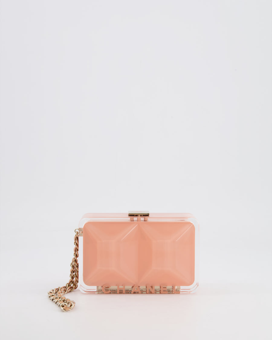 *COLLECTOR'S PIECE* Chanel Minaudière Pink Plexiglass Clutch Bag With Champagne Hardware and Logo Detail