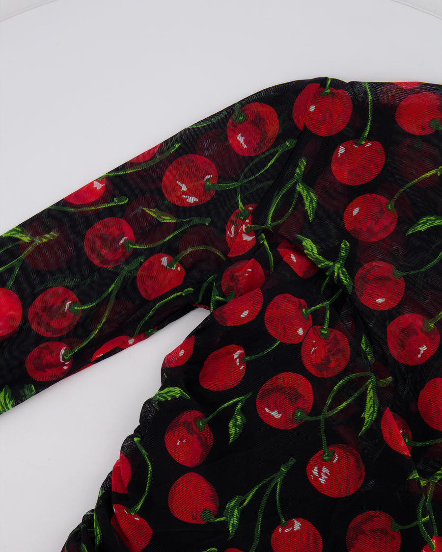 Dolce & Gabbana Black and Red Long Sleeve Ruched Dress with Cherries Print Details Size IT 40 (UK 8)