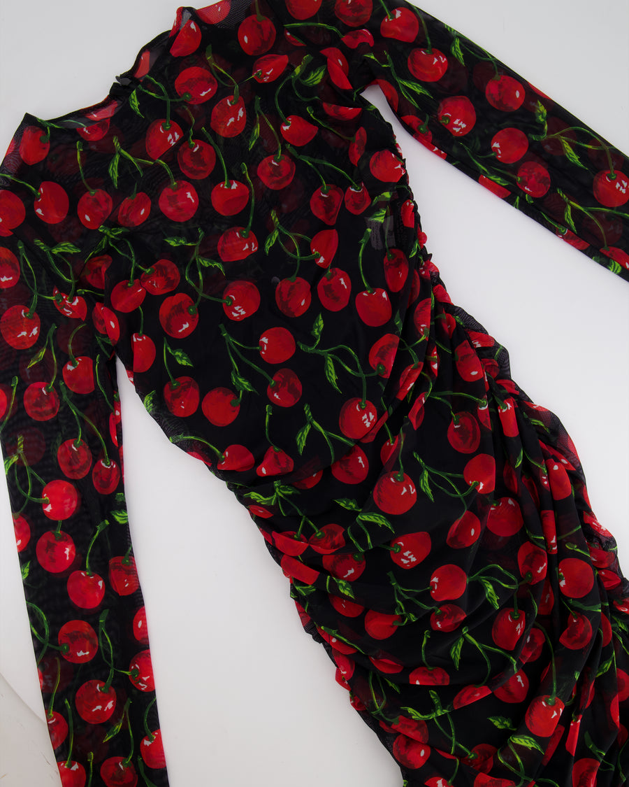 Dolce & Gabbana Black and Red Long Sleeve Ruched Dress with Cherries Print Details Size IT 40 (UK 8)