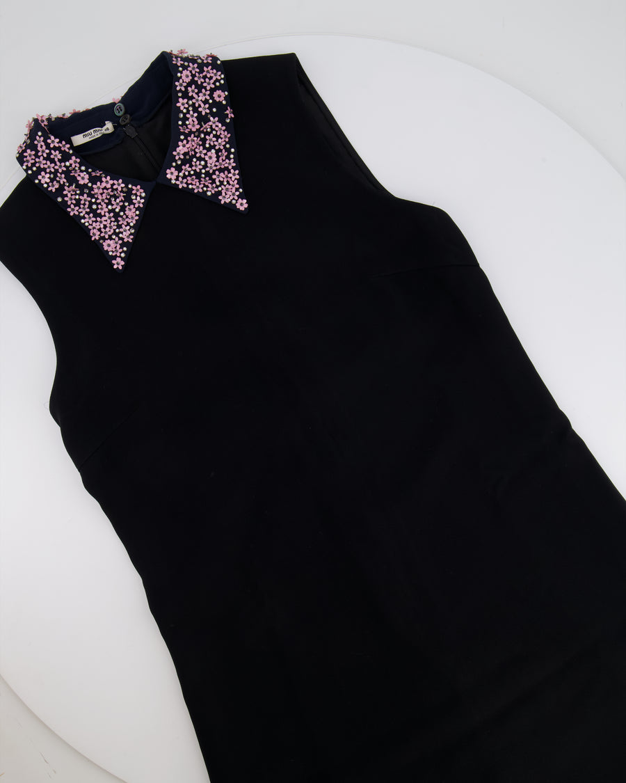 Miu Miu Black Sleeveless Mini Dress with Pink Floral Collar Detail Size IT 38 (UK 6)