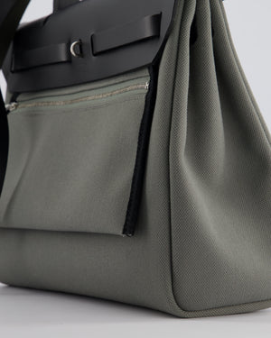 Hermès Herbag 31 Bag in Vert De Gris Toile Canvas and Black Vache Hunter Leather with Palladium Hardware