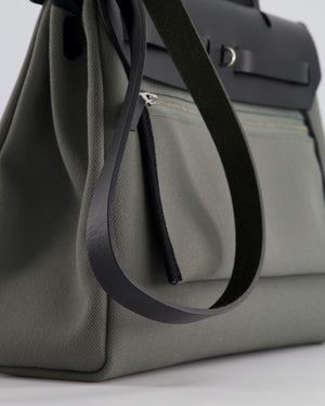 Hermès Herbag 31 Bag in Vert De Gris Toile Canvas and Black Vache Hunter Leather with Palladium Hardware