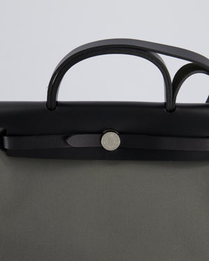 Hermès Herbag 31 Bag in Vert De Gris Toile Canvas and Black Vache Hunter Leather with Palladium Hardware