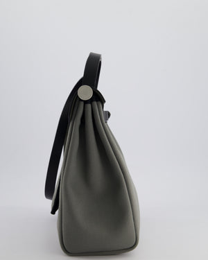 Hermès Herbag 31 Bag in Vert De Gris Toile Canvas and Black Vache Hunter Leather with Palladium Hardware