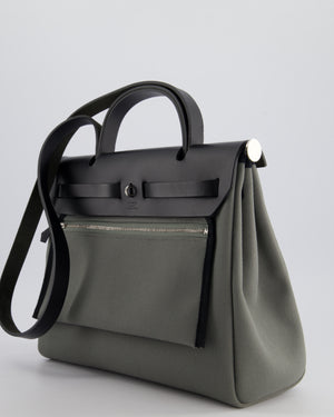 Hermès Herbag 31 Bag in Vert De Gris Toile Canvas and Black Vache Hunter Leather with Palladium Hardware