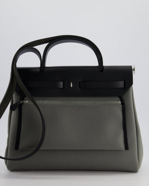 Hermès Herbag 31 Bag in Vert De Gris Toile Canvas and Black Vache Hunter Leather with Palladium Hardware