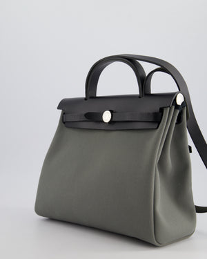 Hermès Herbag 31 Bag in Vert De Gris Toile Canvas and Black Vache Hunter Leather with Palladium Hardware