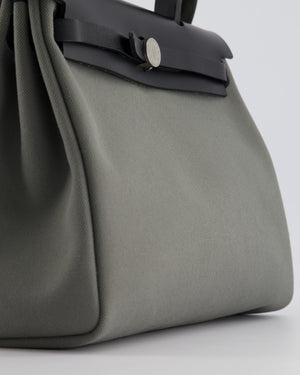 Hermès Herbag 31 Bag in Vert De Gris Toile Canvas and Black Vache Hunter Leather with Palladium Hardware