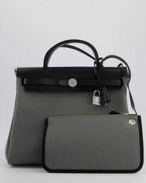 Hermès Herbag 31 Bag in Vert De Gris Toile Canvas and Black Vache Hunter Leather with Palladium Hardware