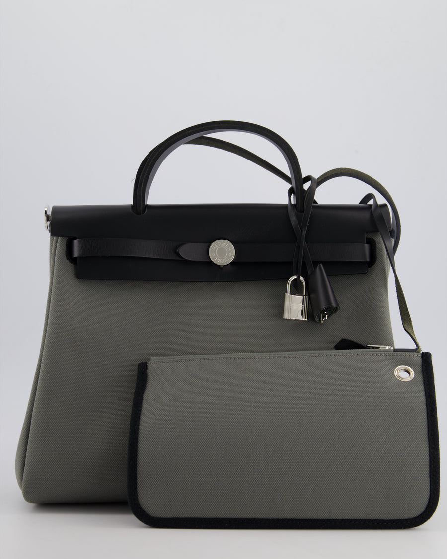 Hermès Herbag 31 Bag in Vert De Gris Toile Canvas and Black Vache Hunter Leather with Palladium Hardware