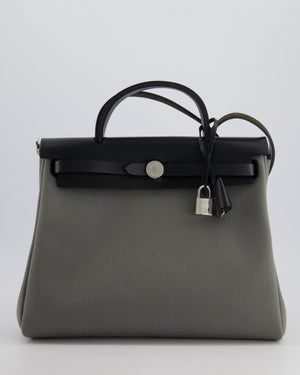 Hermès Herbag 31 Bag in Vert De Gris Toile Canvas and Black Vache Hunter Leather with Palladium Hardware