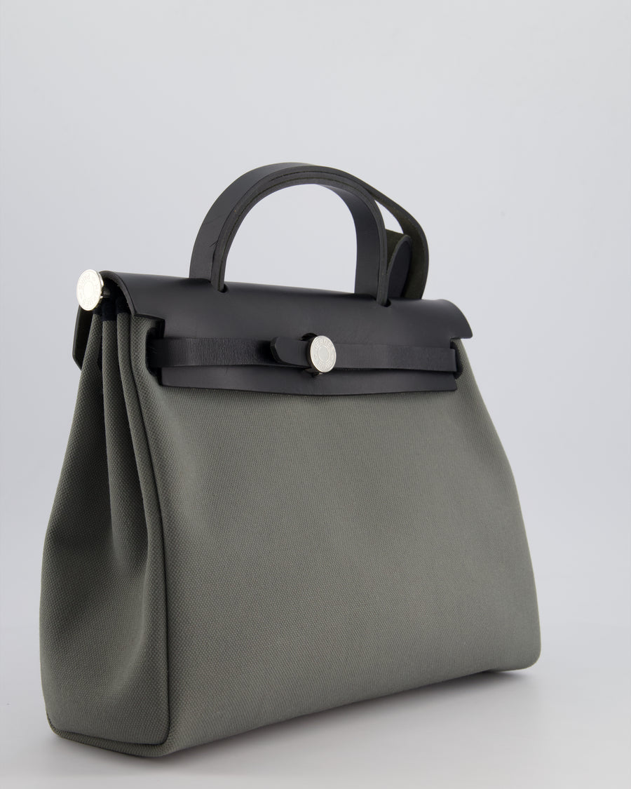 Hermès Herbag 31 Bag in Vert De Gris Toile Canvas and Black Vache Hunter Leather with Palladium Hardware