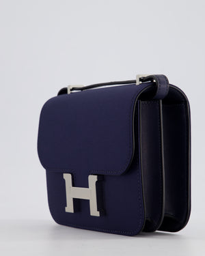 *RARE* Hermès Constance III Mini 18cm Bag in Bleu Nuit Silk and Swift Leather with Palladium Hardware