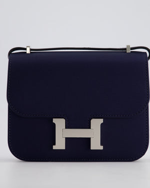 *RARE* Hermès Constance III Mini 18cm Bag in Bleu Nuit Silk and Swift Leather with Palladium Hardware