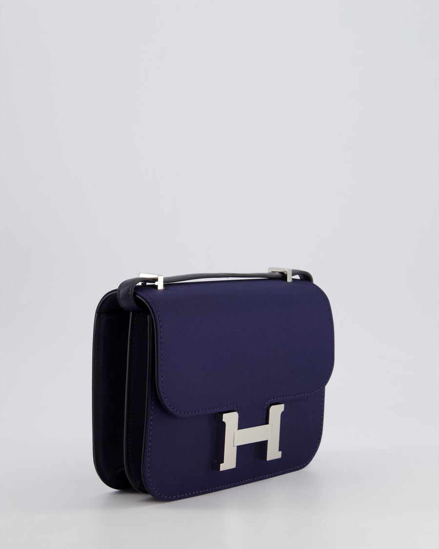 *RARE* Hermès Constance III Mini 18cm Bag in Bleu Nuit Silk and Swift Leather with Palladium Hardware