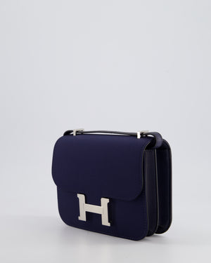 *RARE* Hermès Constance III Mini 18cm Bag in Bleu Nuit Silk and Swift Leather with Palladium Hardware