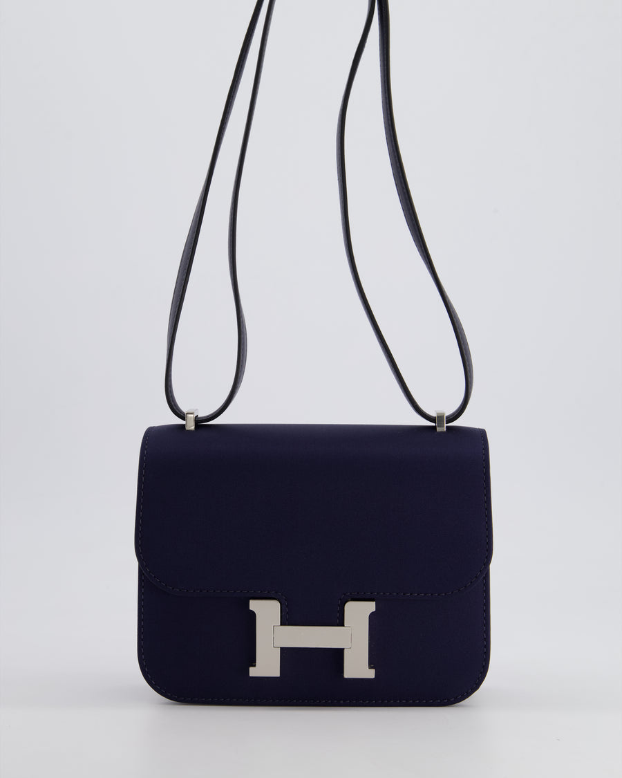 *RARE* Hermès Constance III Mini 18cm Bag in Bleu Nuit Silk and Swift Leather with Palladium Hardware