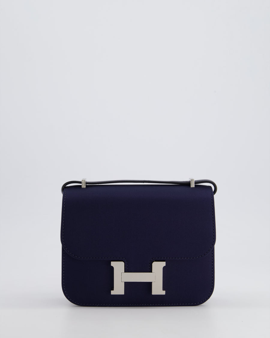 *RARE* Hermès Constance III Mini 18cm Bag in Bleu Nuit Silk and Swift Leather with Palladium Hardware