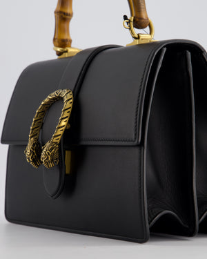 Gucci Black Dionysus Bamboo Top Handle Flap Bag in Calfskin Leather with Antique Gold Hardware