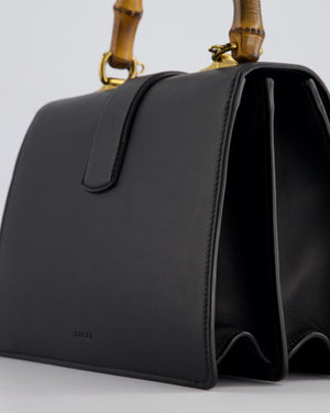 Gucci Black Dionysus Bamboo Top Handle Flap Bag in Calfskin Leather with Antique Gold Hardware