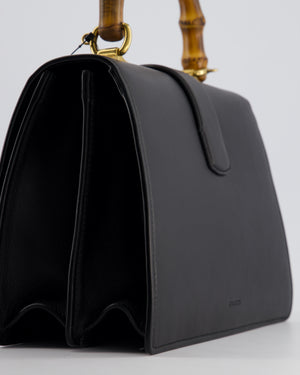 Gucci Black Dionysus Bamboo Top Handle Flap Bag in Calfskin Leather with Antique Gold Hardware