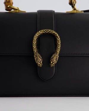 Gucci Black Dionysus Bamboo Top Handle Flap Bag in Calfskin Leather with Antique Gold Hardware