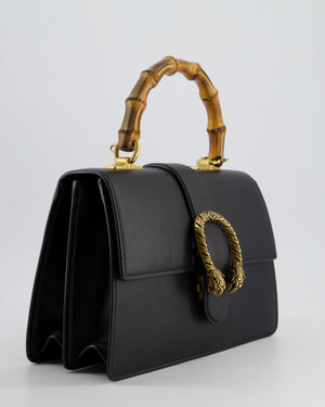 Gucci Black Dionysus Bamboo Top Handle Flap Bag in Calfskin Leather with Antique Gold Hardware