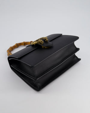 Gucci Black Dionysus Bamboo Top Handle Flap Bag in Calfskin Leather with Antique Gold Hardware