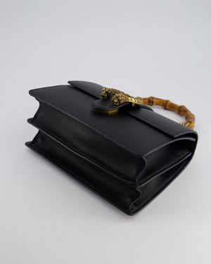 Gucci Black Dionysus Bamboo Top Handle Flap Bag in Calfskin Leather with Antique Gold Hardware