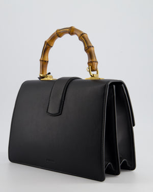 Gucci Black Dionysus Bamboo Top Handle Flap Bag in Calfskin Leather with Antique Gold Hardware