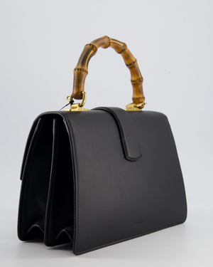 Gucci Black Dionysus Bamboo Top Handle Flap Bag in Calfskin Leather with Antique Gold Hardware