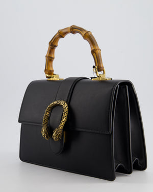 Gucci Black Dionysus Bamboo Top Handle Flap Bag in Calfskin Leather with Antique Gold Hardware