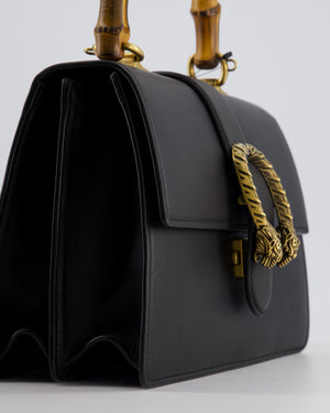 Gucci Black Dionysus Bamboo Top Handle Flap Bag in Calfskin Leather with Antique Gold Hardware