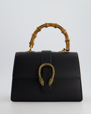 Gucci Black Dionysus Bamboo Top Handle Flap Bag in Calfskin Leather with Antique Gold Hardware