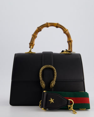 Gucci Black Dionysus Bamboo Top Handle Flap Bag in Calfskin Leather with Antique Gold Hardware