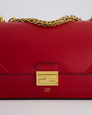 Fendi Red Kan U Leather Flap Bag with Gold Hardware and Cross-Body Strap