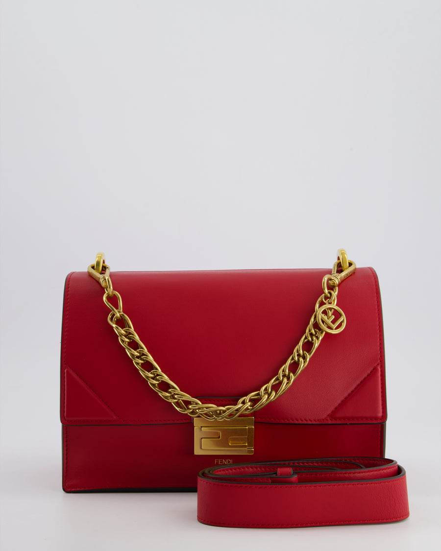 Fendi Red Kan U Leather Flap Bag with Gold Hardware and Cross-Body Strap