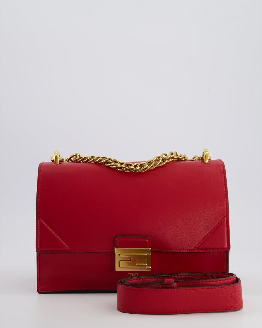 Fendi Red Kan U Leather Flap Bag with Gold Hardware and Cross-Body Strap