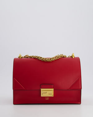 Fendi Red Kan U Leather Flap Bag with Gold Hardware and Cross-Body Strap