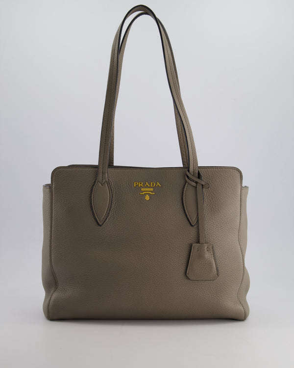 Prada Grey Vitello Phenix Open Tote Bag with Gold Hardware